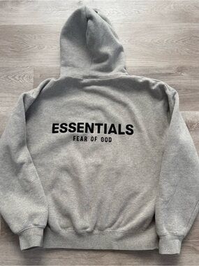 Fear of God Essentials Gray Black Heavy Fleece Hoodie Pullover Logo Men's Large
